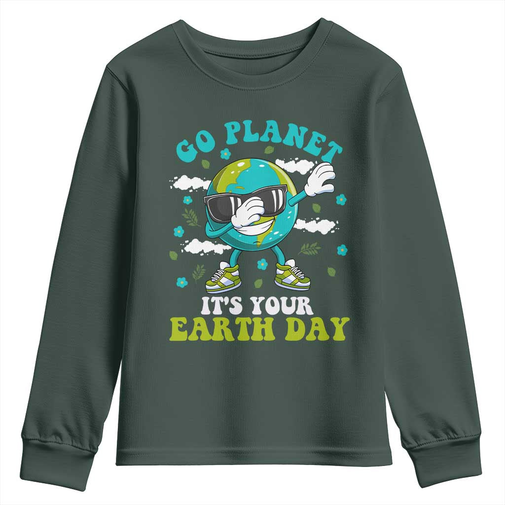 Funny Go Planet It's Your Earth Day Youth Sweatshirt Dabbing Earth Flower TS11 Dark Forest Green Print Your Wear
