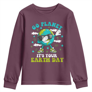 Funny Go Planet It's Your Earth Day Youth Sweatshirt Dabbing Earth Flower TS11 Maroon Print Your Wear