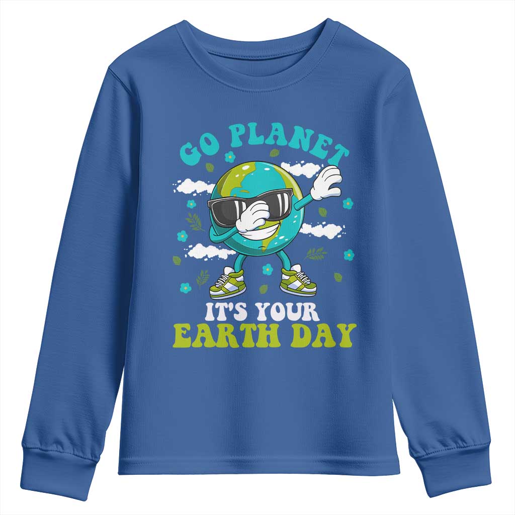 Funny Go Planet It's Your Earth Day Youth Sweatshirt Dabbing Earth Flower TS11 Royal Blue Print Your Wear