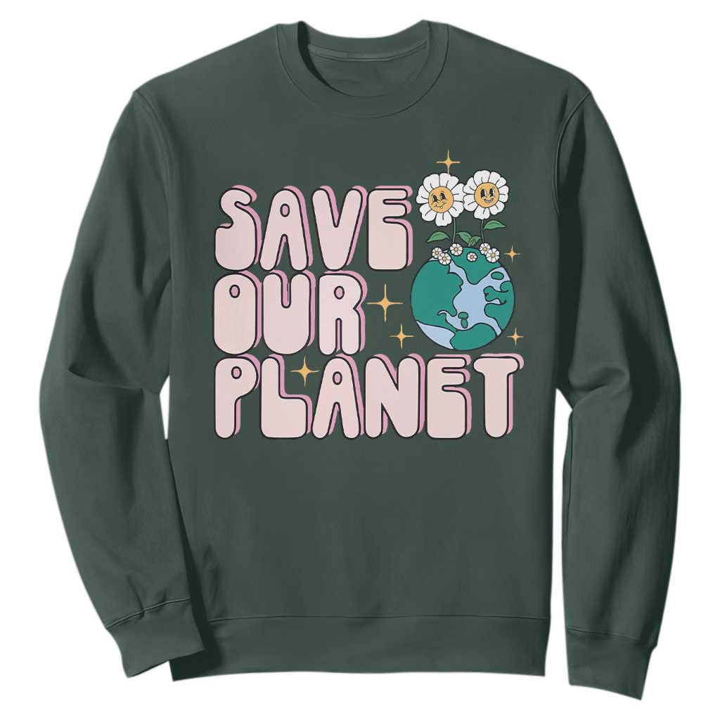Earth Day Save Our Planet Sweatshirt Cute Retro Groove Flower TS11 Dark Forest Green Print Your Wear