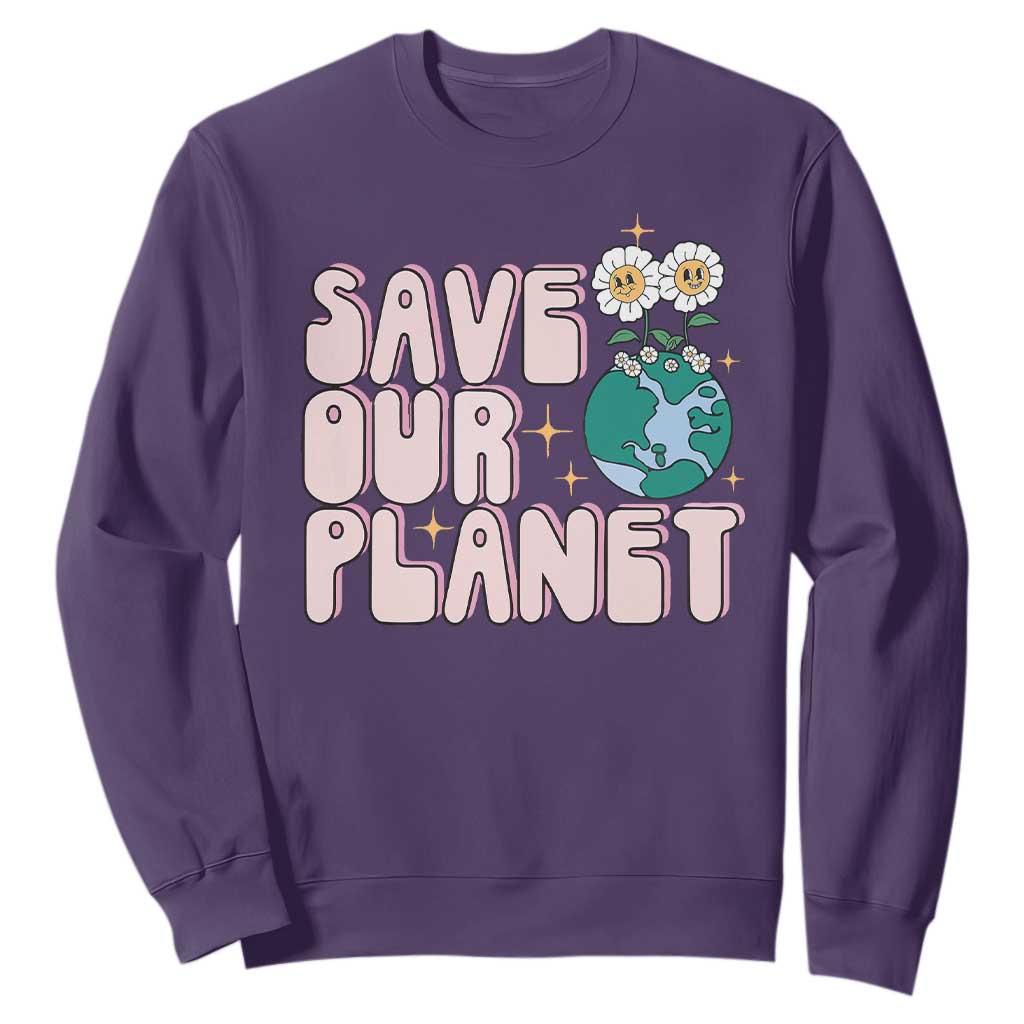 Earth Day Save Our Planet Sweatshirt Cute Retro Groove Flower TS11 Purple Print Your Wear