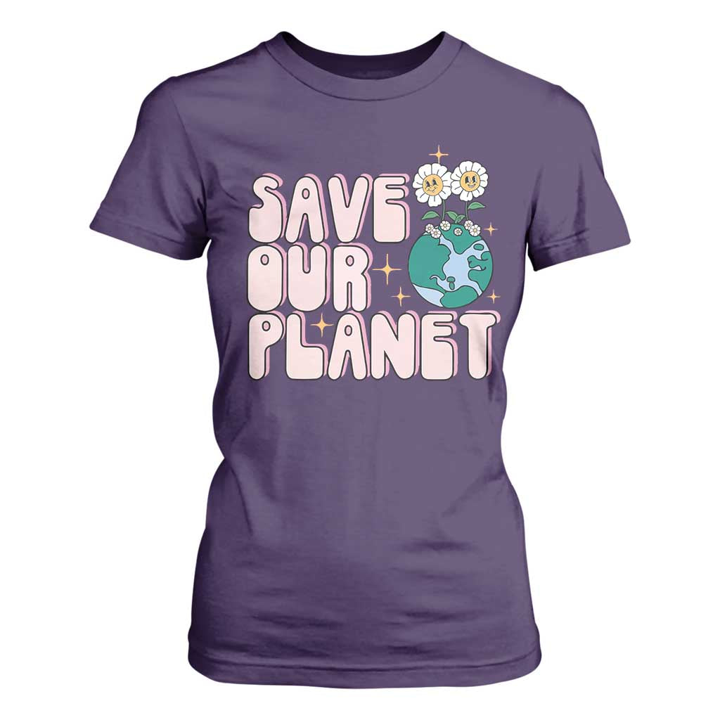 Earth Day Save Our Planet T Shirt For Women Cute Retro Groove Flower TS11 Purple Print Your Wear