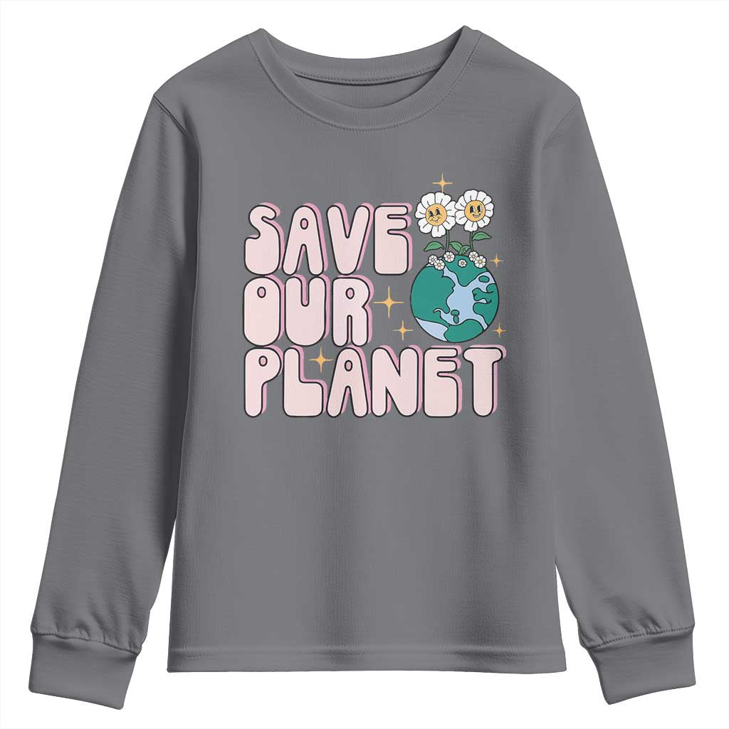 Earth Day Save Our Planet Youth Sweatshirt Cute Retro Groove Flower TS11 Charcoal Print Your Wear