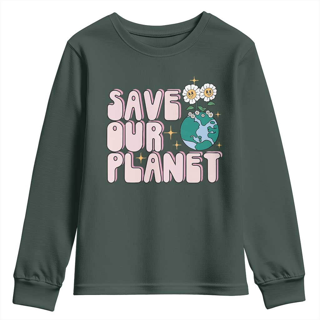 Earth Day Save Our Planet Youth Sweatshirt Cute Retro Groove Flower TS11 Dark Forest Green Print Your Wear