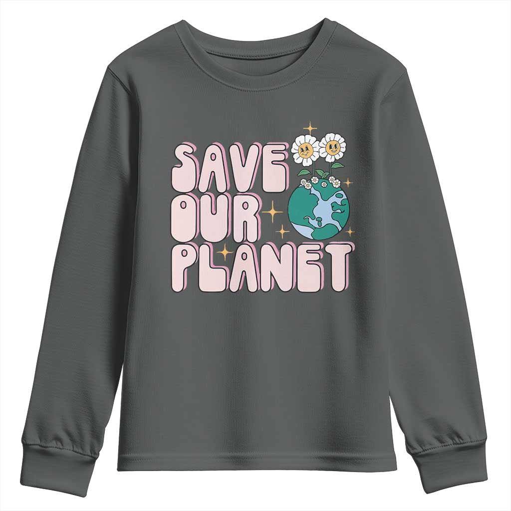 Earth Day Save Our Planet Youth Sweatshirt Cute Retro Groove Flower TS11 Dark Heather Print Your Wear