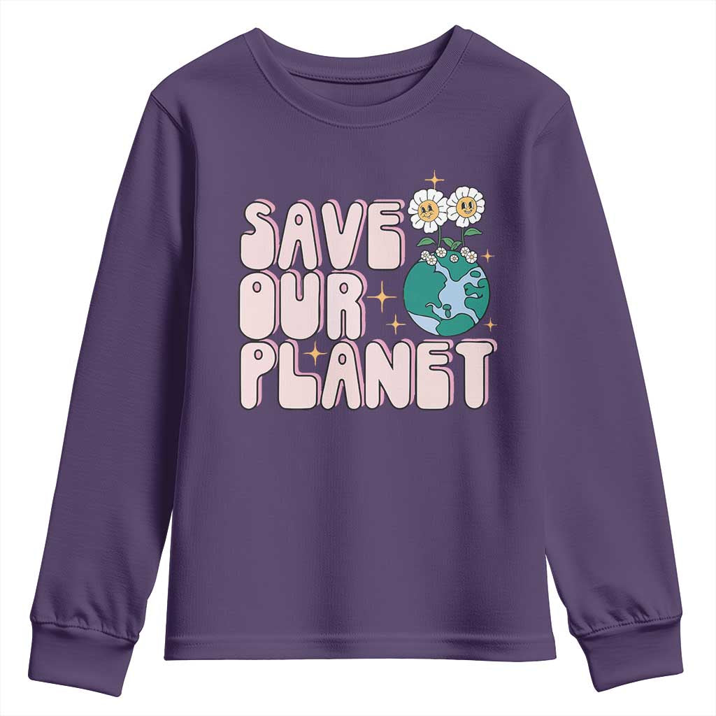 Earth Day Save Our Planet Youth Sweatshirt Cute Retro Groove Flower TS11 Purple Print Your Wear