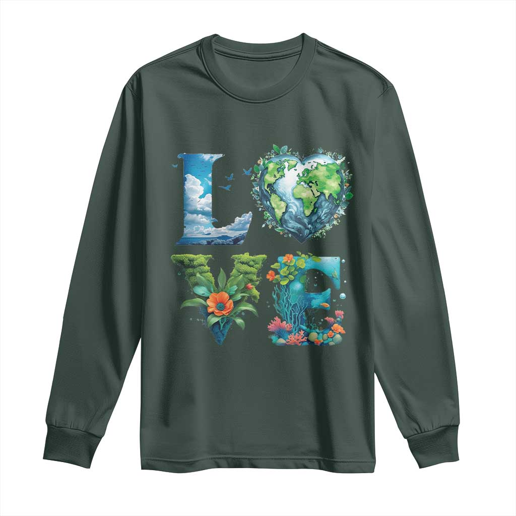 LOVE Planet Nature Anniversary Earth Day Long Sleeve Shirt TS11 Dark Forest Green Print Your Wear