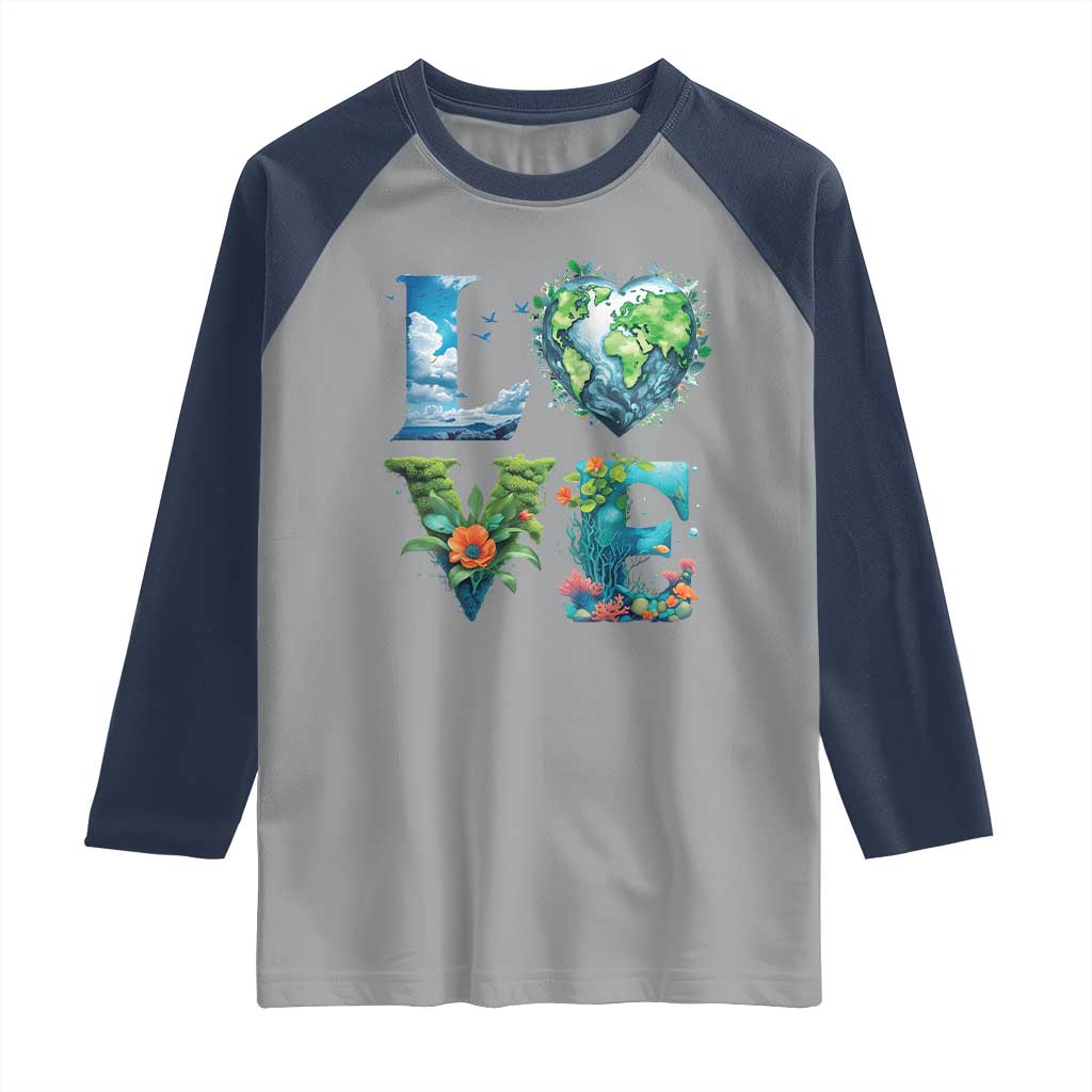 LOVE Planet Nature Anniversary Earth Day Raglan Shirt TS11 Sport Gray Navy Print Your Wear