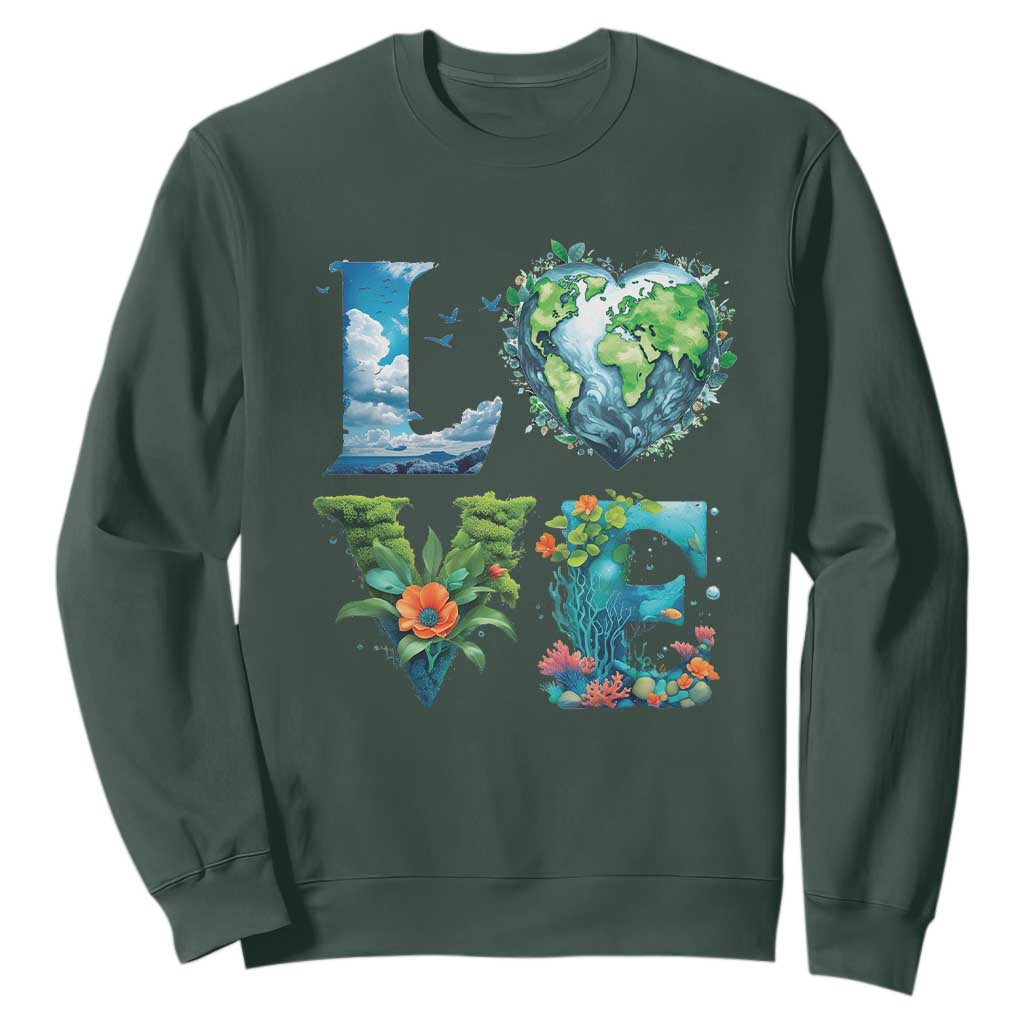 LOVE Planet Nature Anniversary Earth Day Sweatshirt TS11 Dark Forest Green Print Your Wear