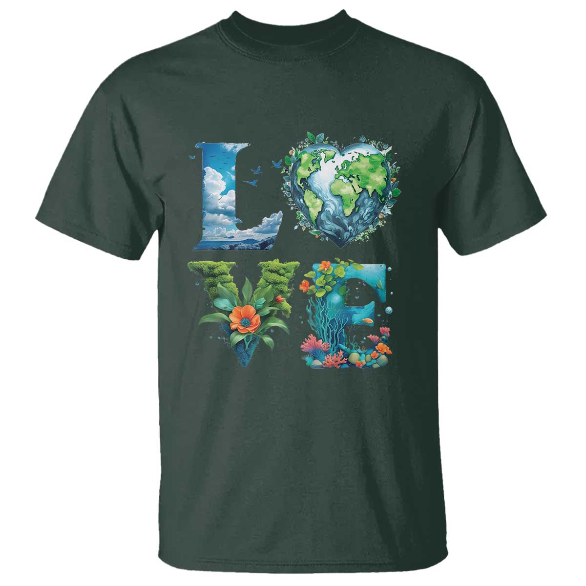 LOVE Planet Nature Anniversary Earth Day T Shirt TS11 Dark Forest Green Print Your Wear