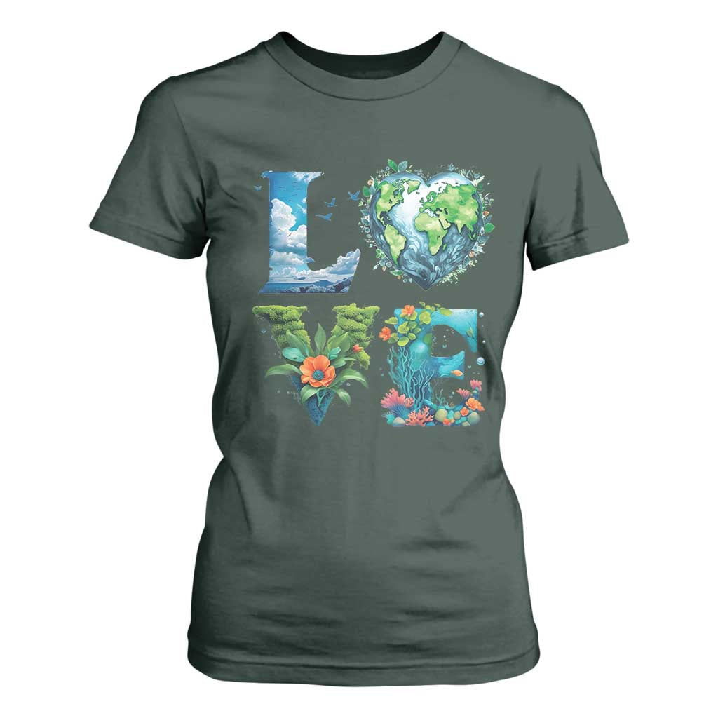LOVE Planet Nature Anniversary Earth Day T Shirt For Women TS11 Dark Forest Green Print Your Wear