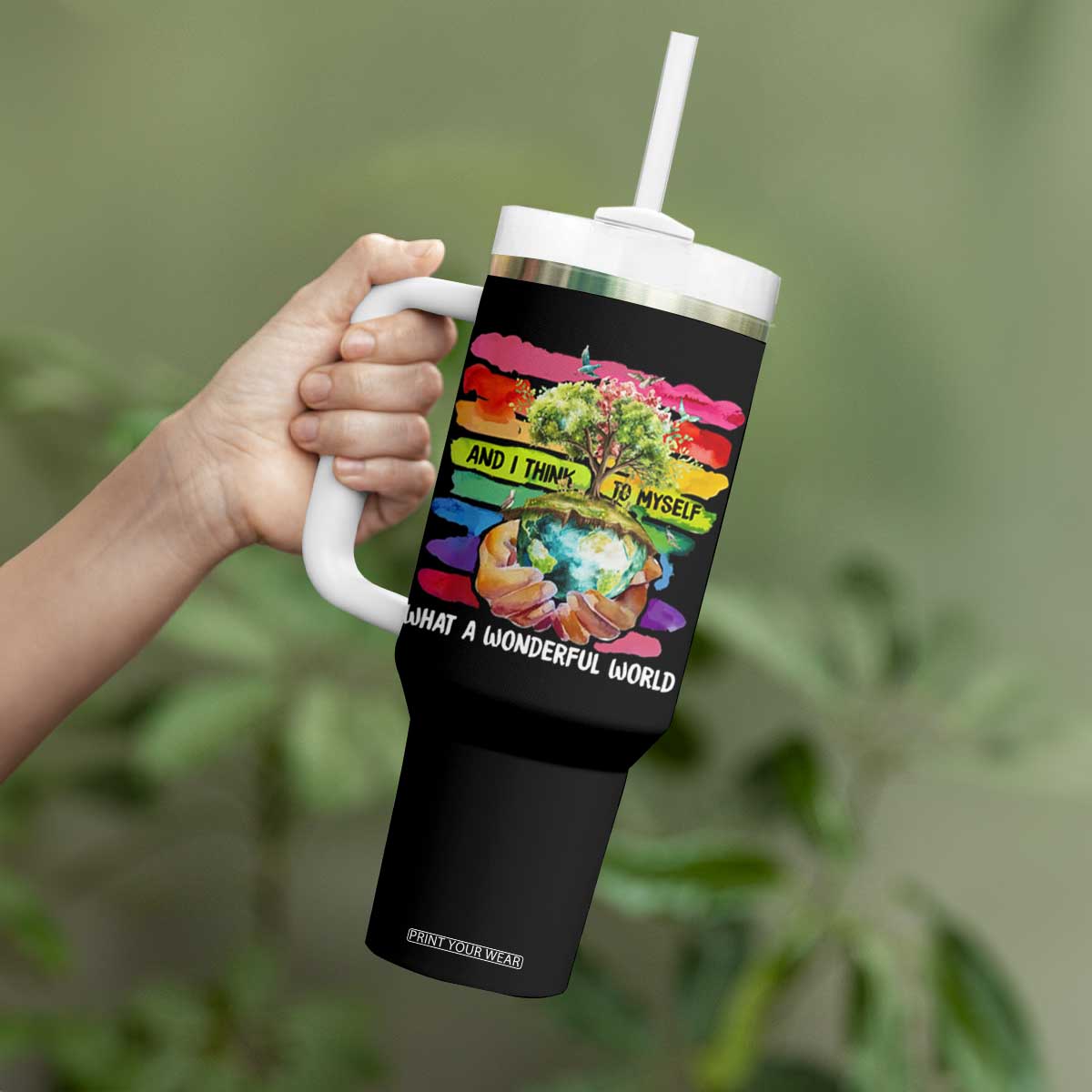 And I Think To Myself What A Wonderful World Earth Day Tumbler With Handle TS11 Print Your Wear