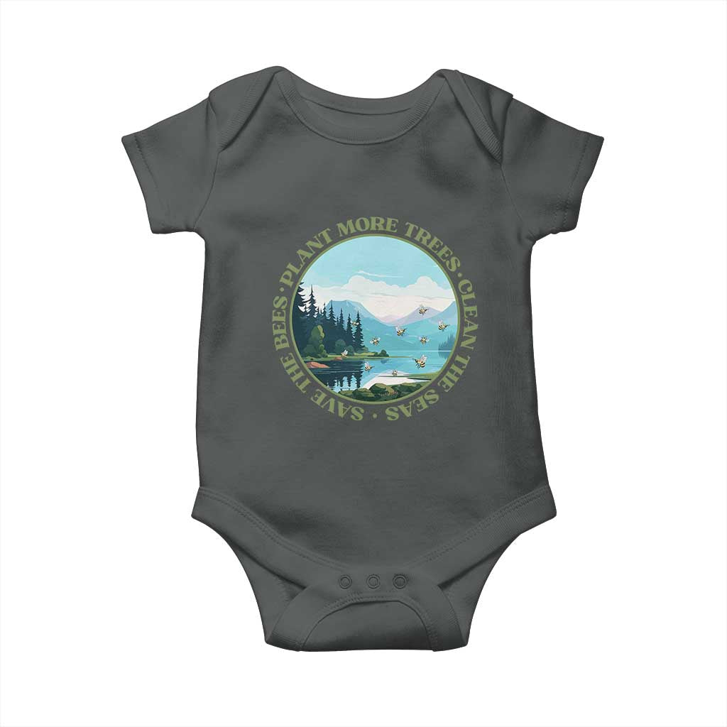 Earth Day Baby Onesie Save The Bees Plant More Trees Clean The Seas TS11 Dark Heather Print Your Wear