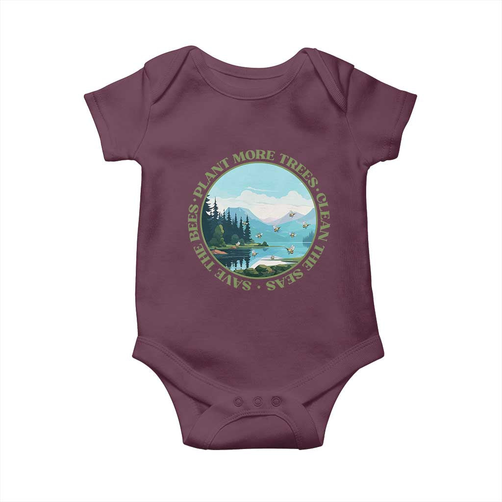 Earth Day Baby Onesie Save The Bees Plant More Trees Clean The Seas TS11 Maroon Print Your Wear