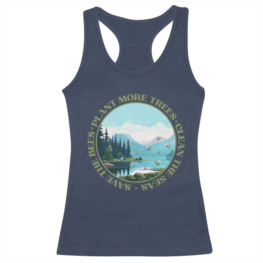 Earth Day Racerback Tank Top Save The Bees Plant More Trees Clean The Seas TS11 Navy Print Your Wear