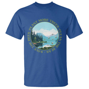 Earth Day T Shirt Save The Bees Plant More Trees Clean The Seas TS11 Royal Blue Print Your Wear
