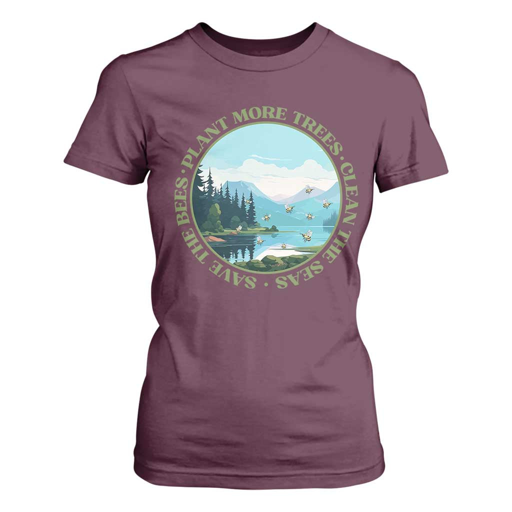 Earth Day T Shirt For Women Save The Bees Plant More Trees Clean The Seas TS11 Maroon Print Your Wear