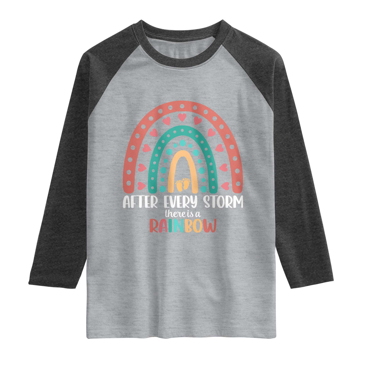 After Every Storm There Is A Rainbow Raglan Shirt Pregnancy Announcement TS11 Heather Gray Heather Charcoal Print Your Wear