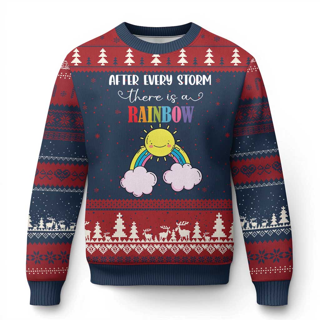 After Every Storm There Is A Rainbow Ugly Christmas Sweater Sentimental Pregnancy Announcement TS11 Navy Red Print Your Wear