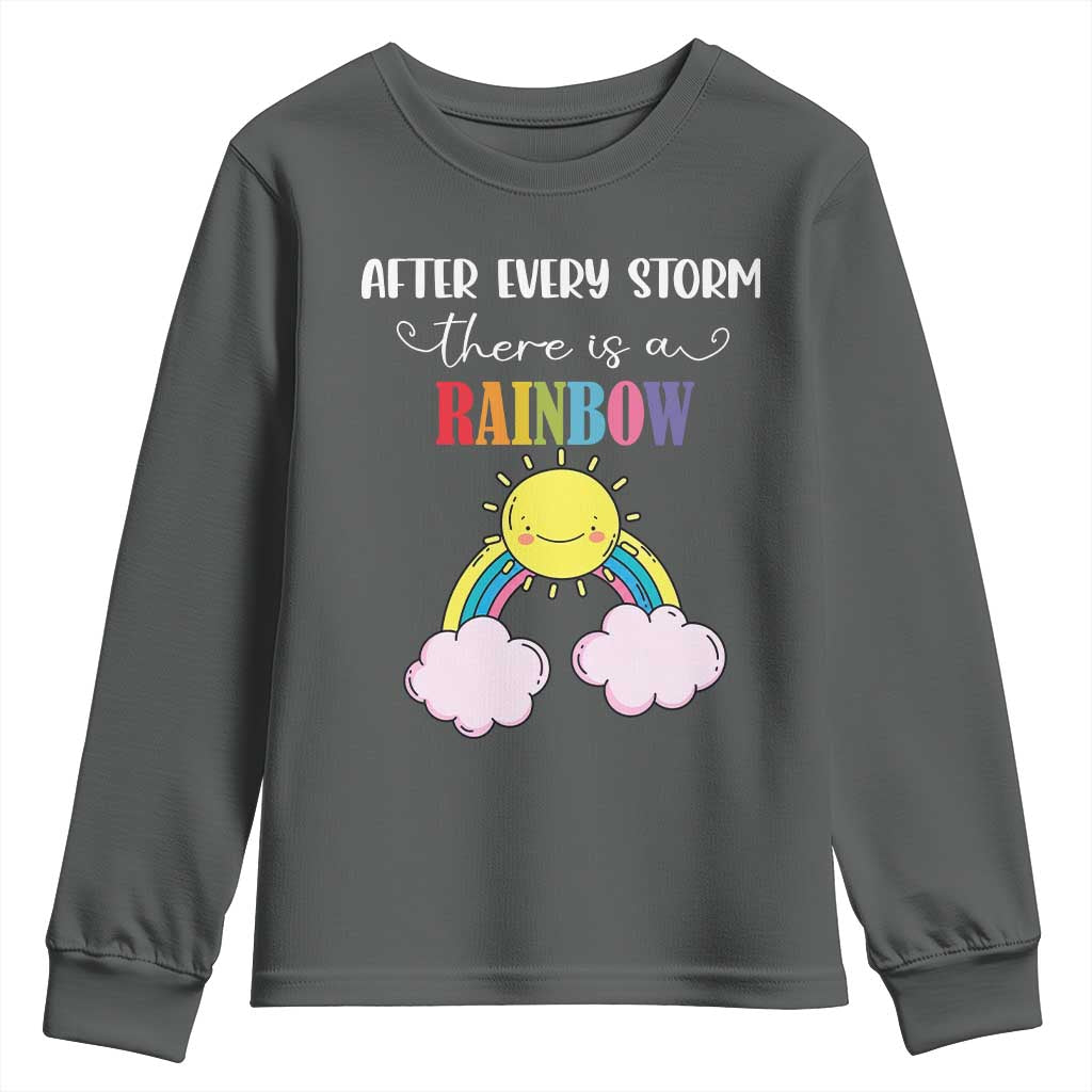After Every Storm There Is A Rainbow Youth Sweatshirt Sentimental Pregnancy Announcement TS11 Dark Heather Print Your Wear
