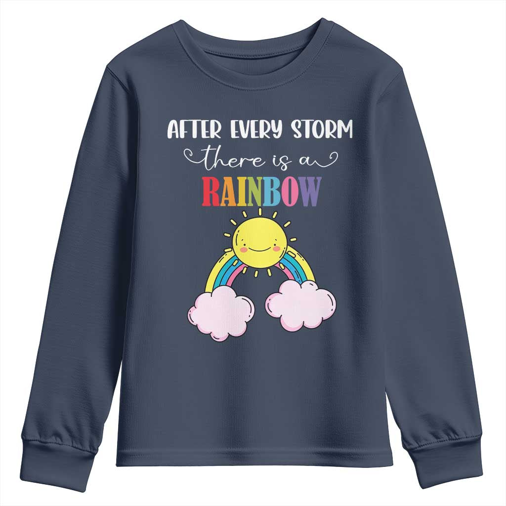 After Every Storm There Is A Rainbow Youth Sweatshirt Sentimental Pregnancy Announcement TS11 Navy Print Your Wear