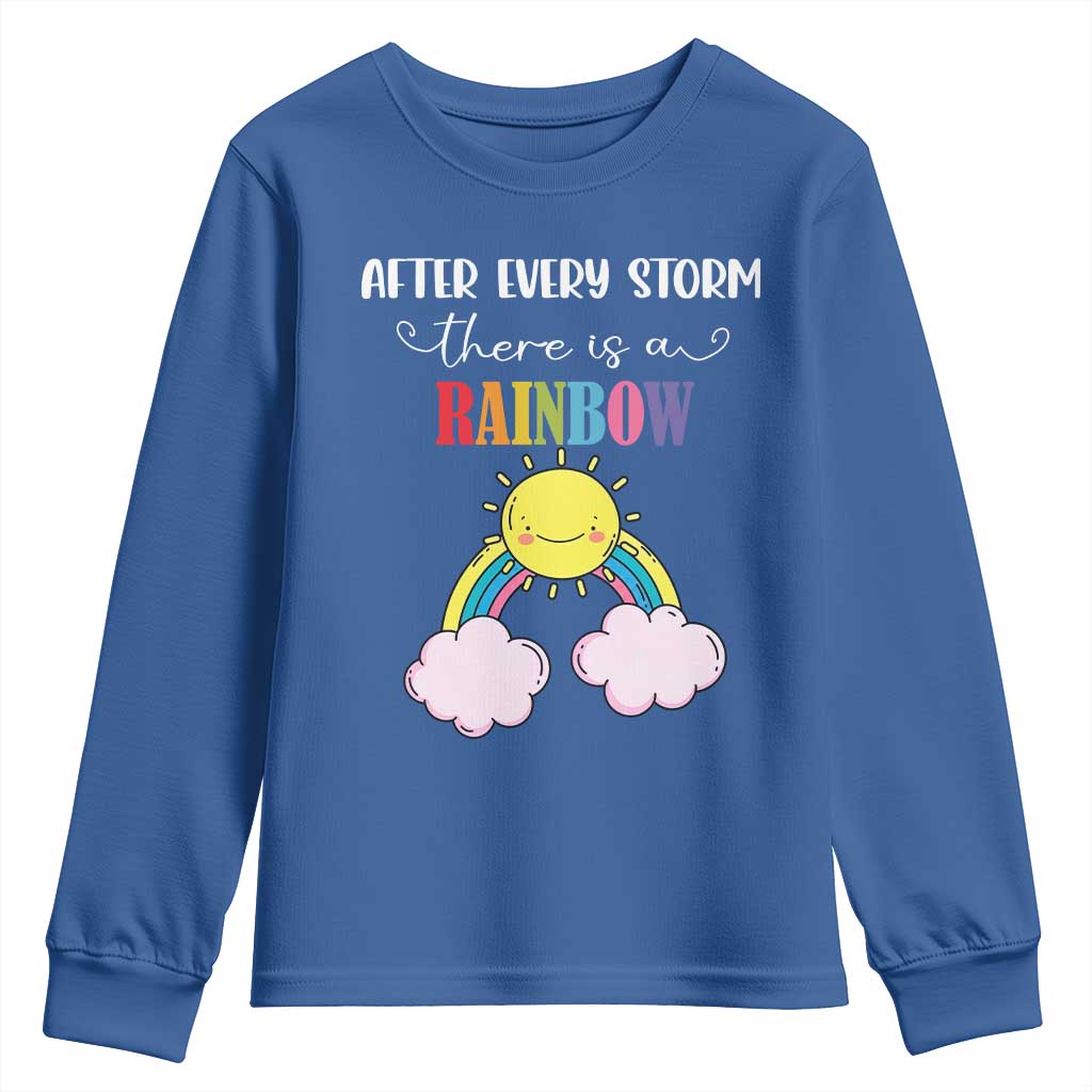 After Every Storm There Is A Rainbow Youth Sweatshirt Sentimental Pregnancy Announcement TS11 Royal Blue Print Your Wear