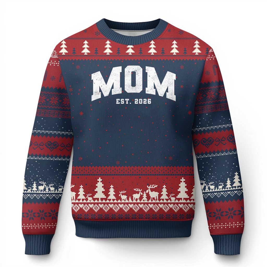 Mom Est 2026 Ugly Christmas Sweater Promoted To Mommy Mother's Day TS11 Navy Red Print Your Wear