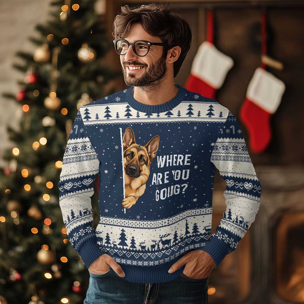 Where are You Going Funny German Shepherd Dog Ugly Christmas Sweater TS11 Navy Beige Print Your Wear