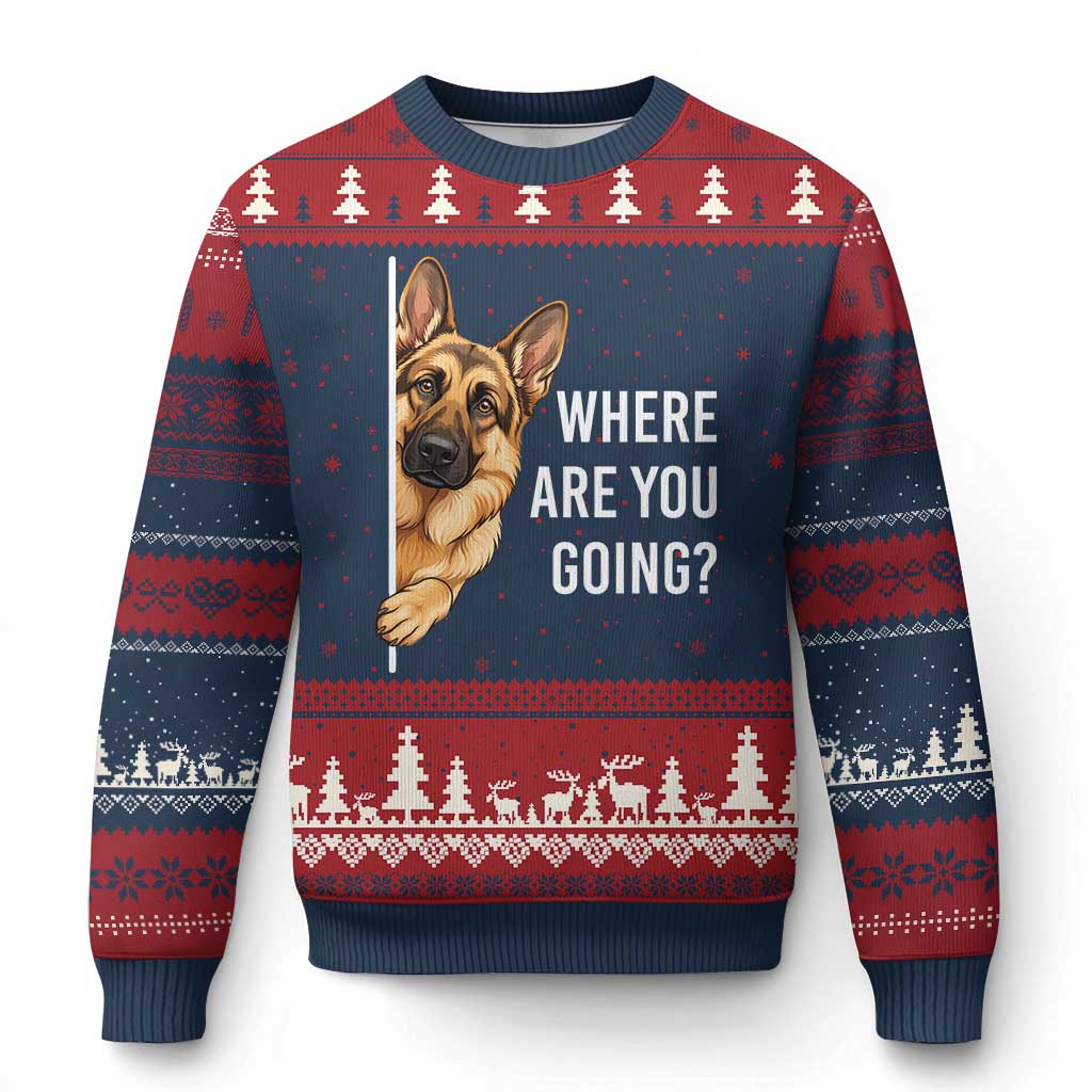 Where are You Going Funny German Shepherd Dog Ugly Christmas Sweater TS11 Navy Red Print Your Wear