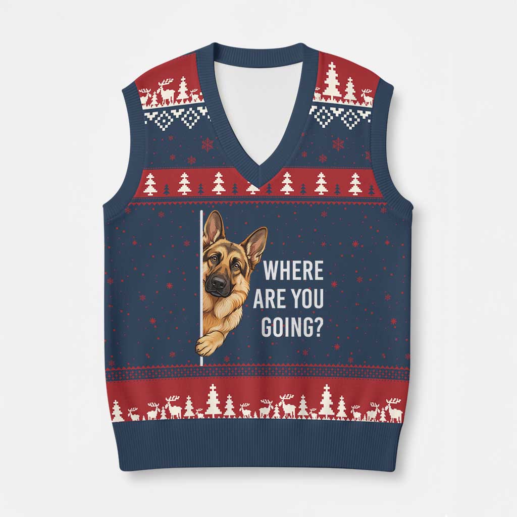 Where are You Going Funny German Shepherd Dog V-Neck Knit Sweater Vest TS11 Navy Red Print Your Wear