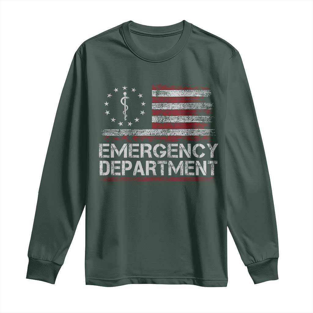 ER Nurse Emegency Department Long Sleeve Shirt Vintage American Flag Healthcare Nursing TS11 Dark Forest Green Print Your Wear