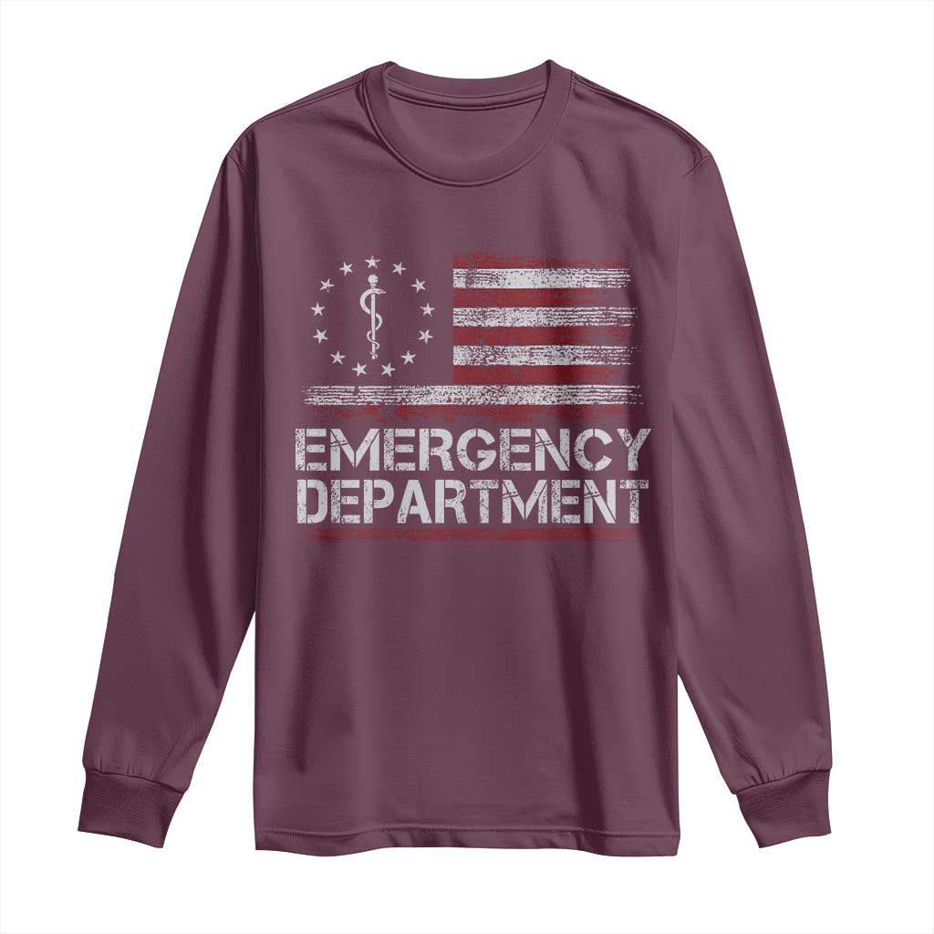 ER Nurse Emegency Department Long Sleeve Shirt Vintage American Flag Healthcare Nursing TS11 Maroon Print Your Wear