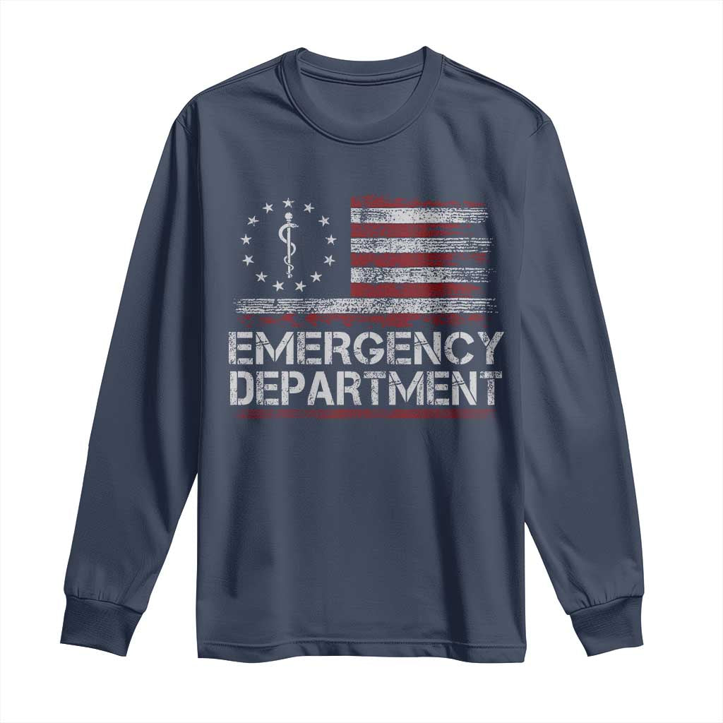 ER Nurse Emegency Department Long Sleeve Shirt Vintage American Flag Healthcare Nursing TS11 Navy Print Your Wear