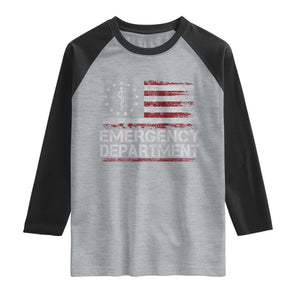 ER Nurse Emegency Department Raglan Shirt Vintage American Flag Healthcare Nursing TS11 Heather Gray Black Print Your Wear