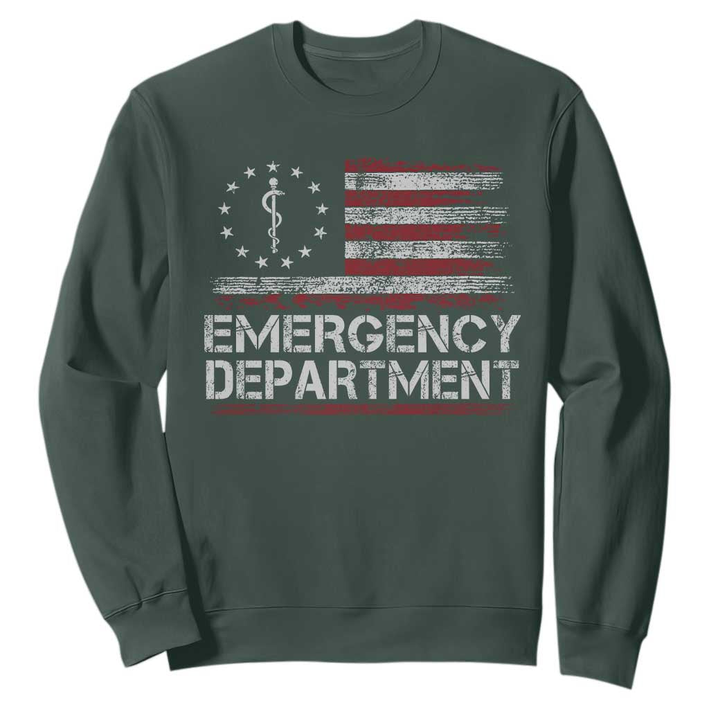 ER Nurse Emegency Department Sweatshirt Vintage American Flag Healthcare Nursing TS11 Dark Forest Green Print Your Wear