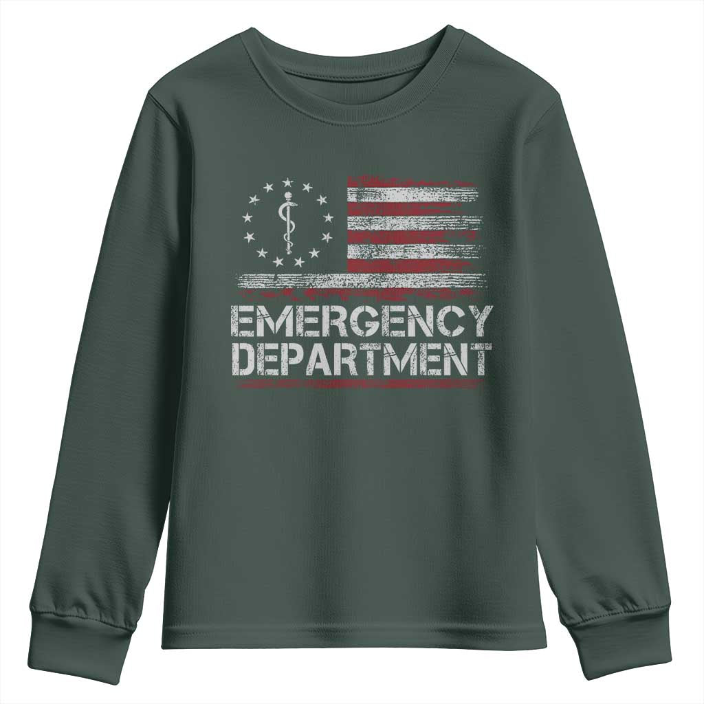 ER Nurse Emegency Department Youth Sweatshirt Vintage American Flag Healthcare Nursing TS11 Dark Forest Green Print Your Wear