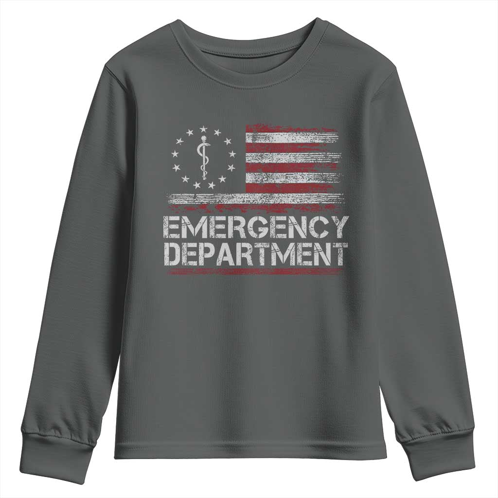 ER Nurse Emegency Department Youth Sweatshirt Vintage American Flag Healthcare Nursing TS11 Dark Heather Print Your Wear