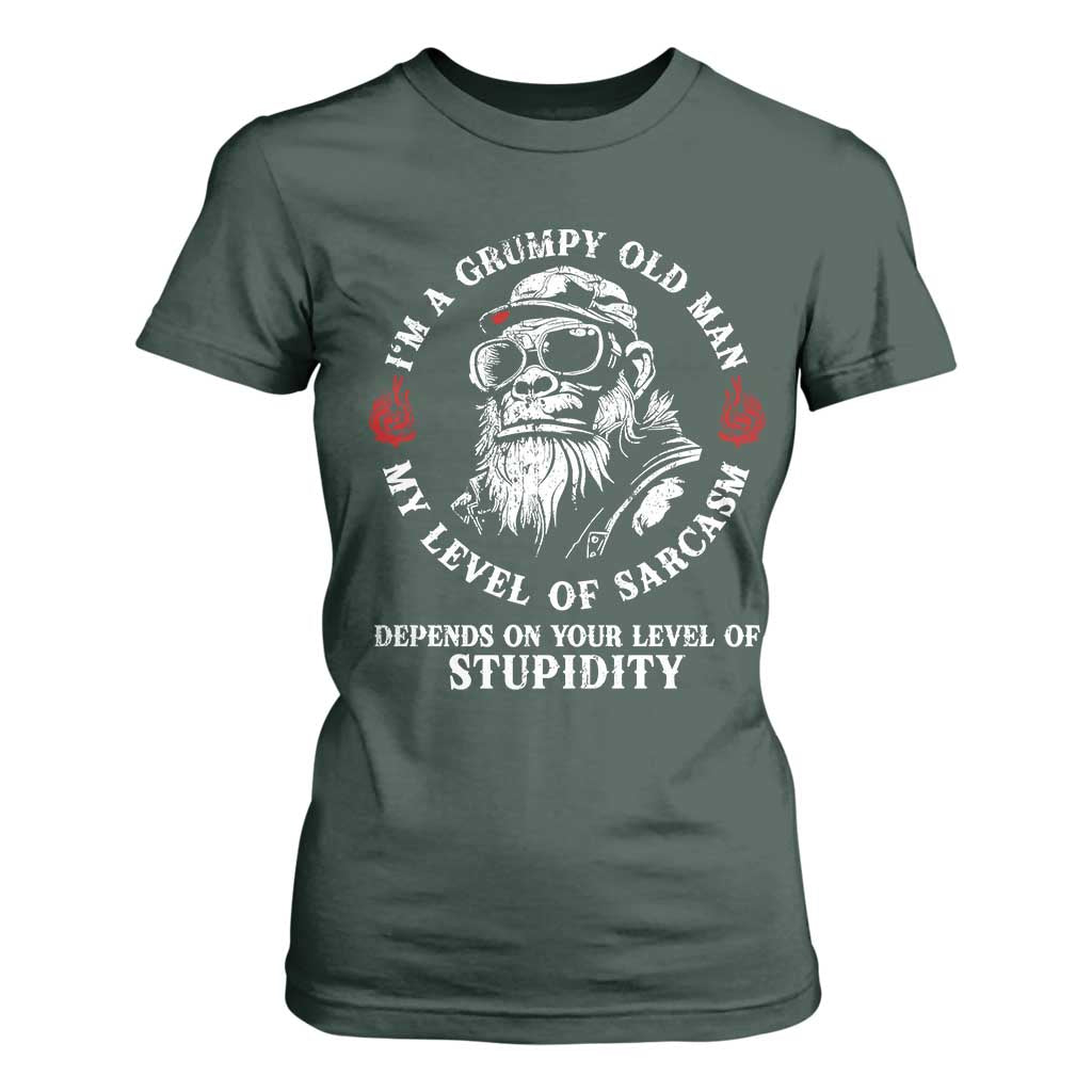I Am A Grumpy Old Man My Level Of Sarcasm Depends On Your Level Of Stupidity T Shirt For Women Funny Old Bigfoot