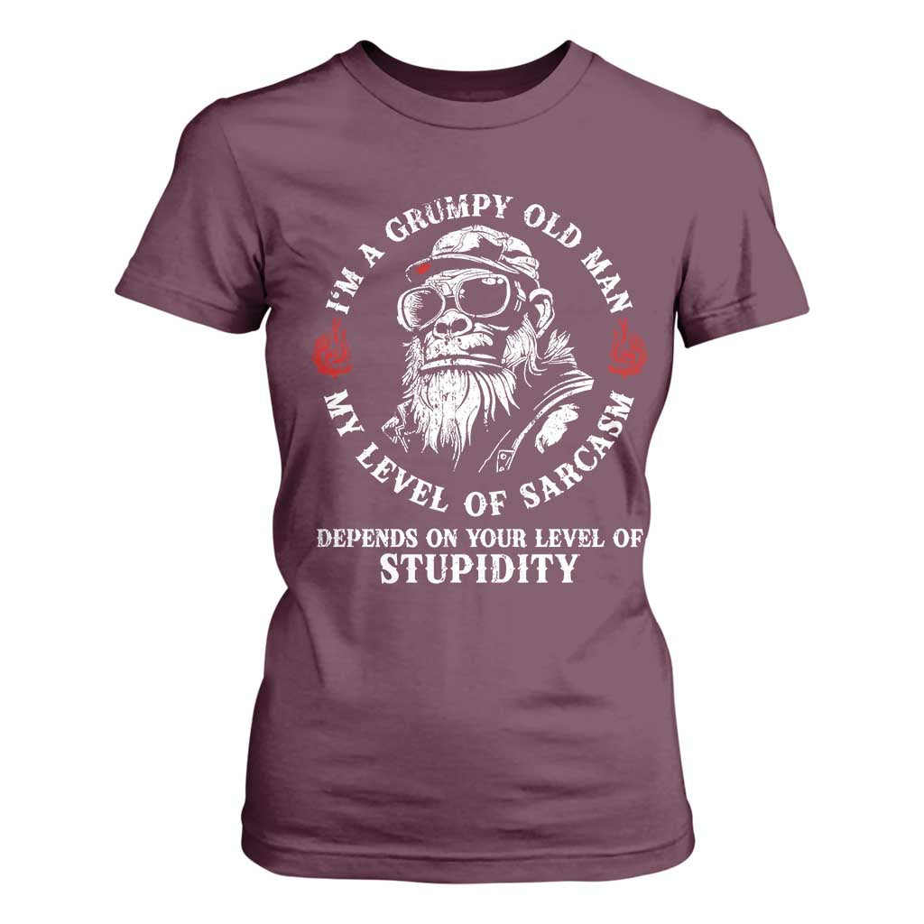 I Am A Grumpy Old Man My Level Of Sarcasm Depends On Your Level Of Stupidity T Shirt For Women Funny Old Bigfoot