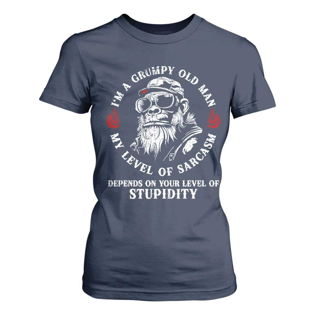 I Am A Grumpy Old Man My Level Of Sarcasm Depends On Your Level Of Stupidity T Shirt For Women Funny Old Bigfoot