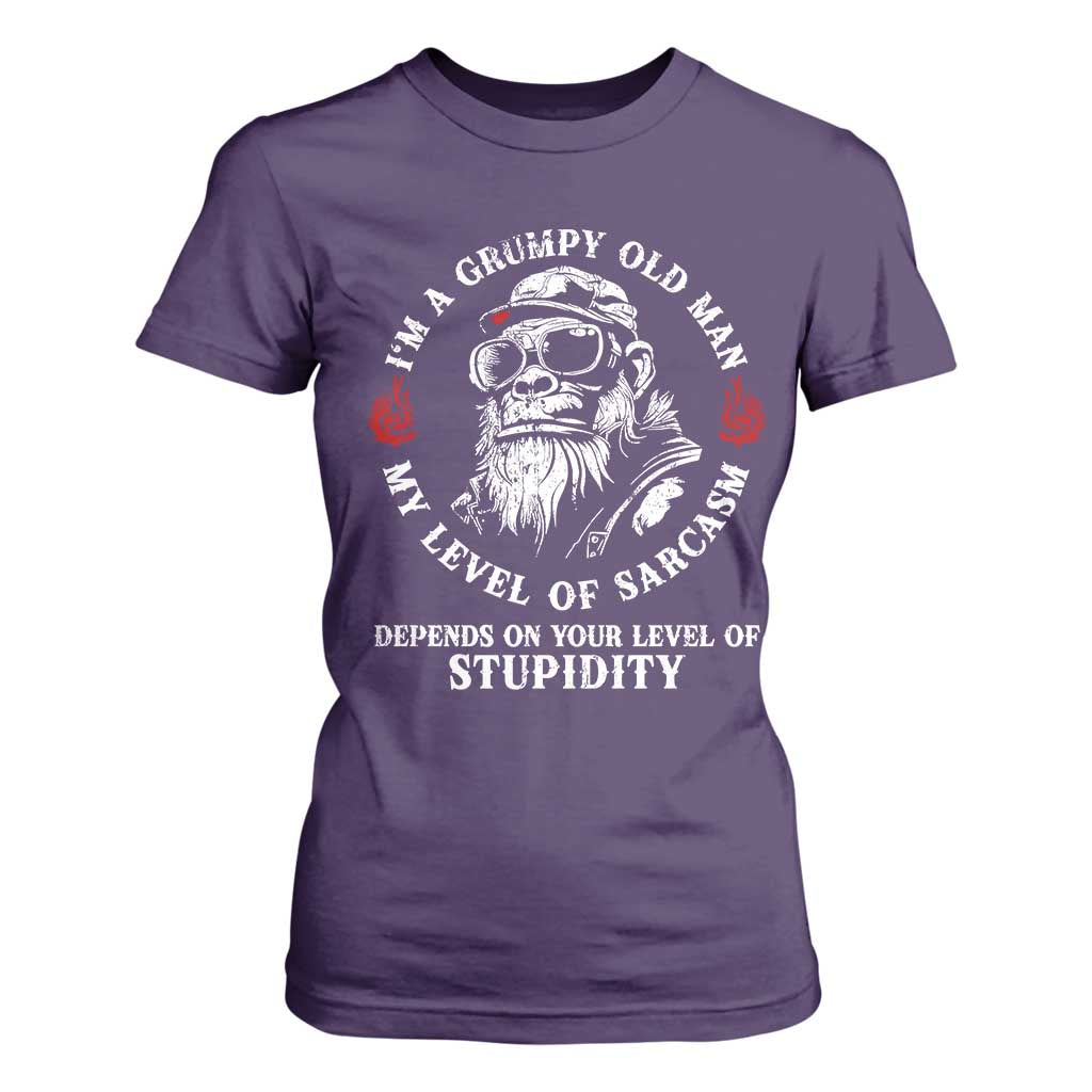 I Am A Grumpy Old Man My Level Of Sarcasm Depends On Your Level Of Stupidity T Shirt For Women Funny Old Bigfoot