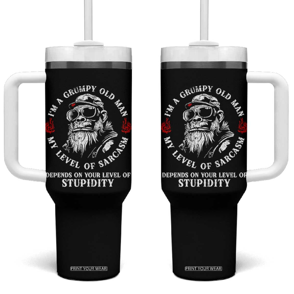 I Am A Grumpy Old Man My Level Of Sarcasm Depends On Your Level Of Stupidity Tumbler With Handle Funny Old Bigfoot