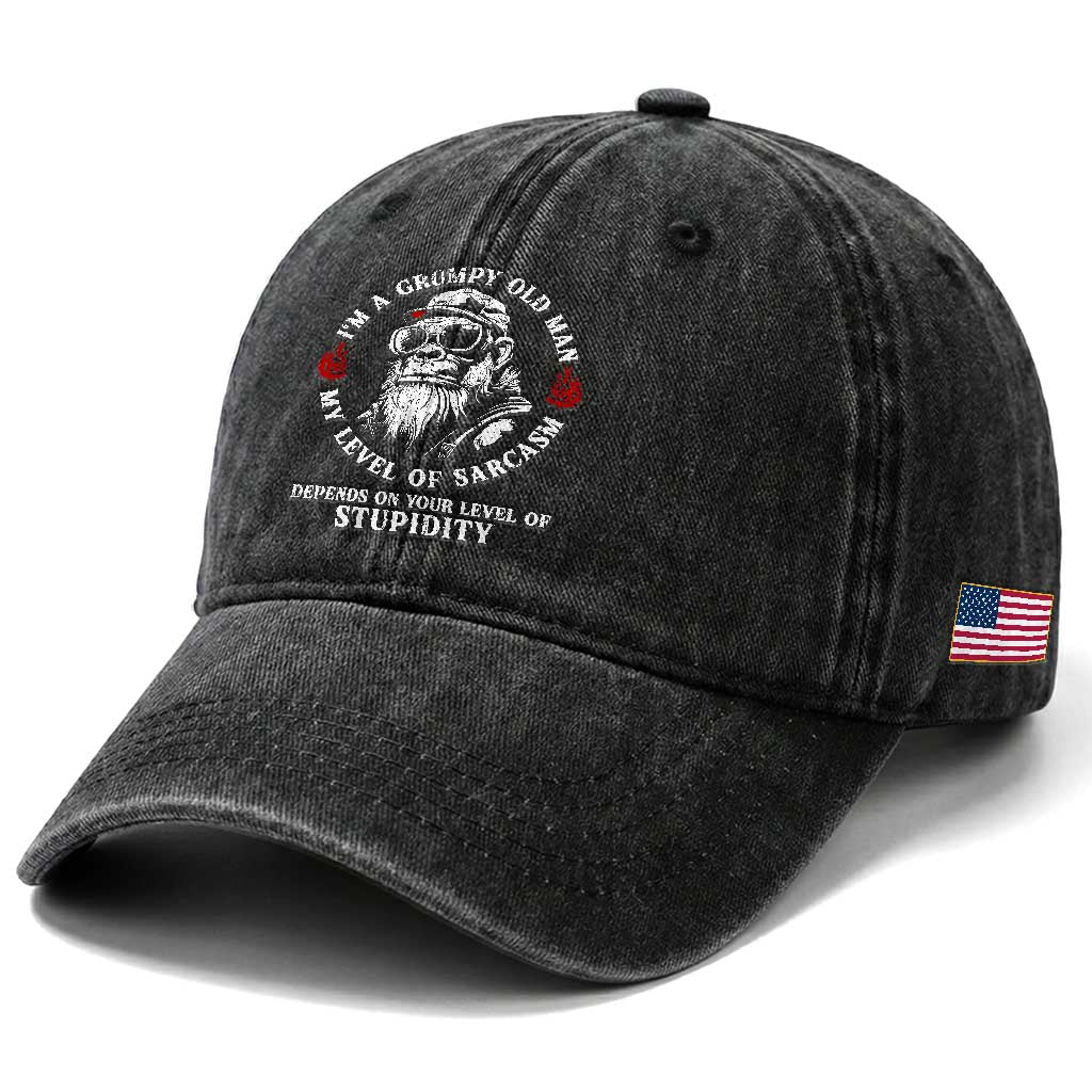 I Am A Grumpy Old Man My Level Of Sarcasm Depends On Your Level Of Stupidity Washed Cotton Baseball Cap Funny Old Bigfoot
