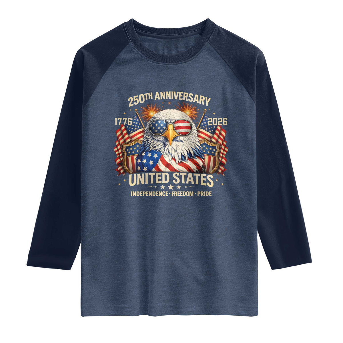 250 Anniversary USA 250th American 250 Years 4th July 2026 Raglan Shirt TS11 Heather Denim Navy Print Your Wear