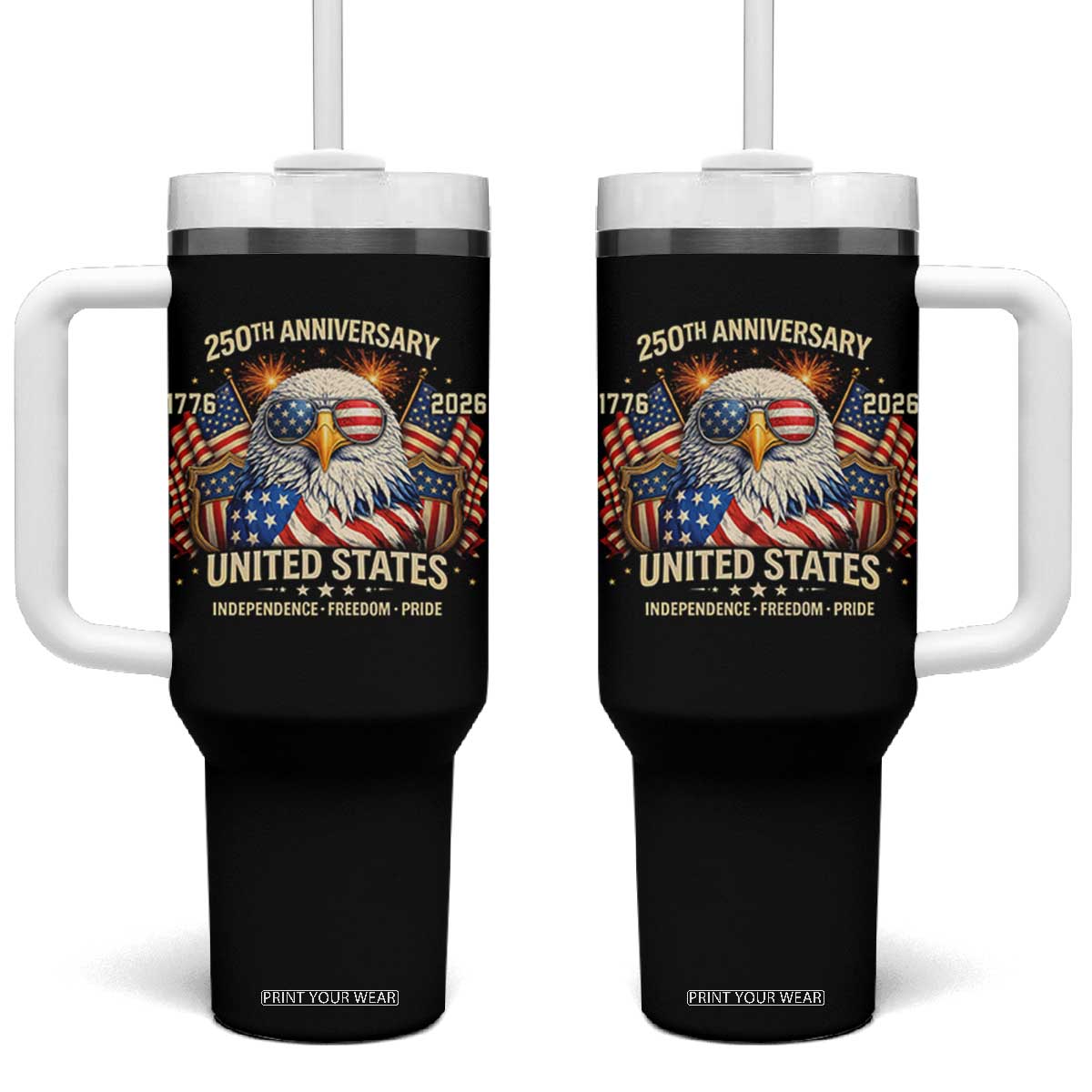 250 Anniversary USA 250th American 250 Years 4th July 2026 Tumbler With Handle TS11 One Size: 40 oz Black Print Your Wear