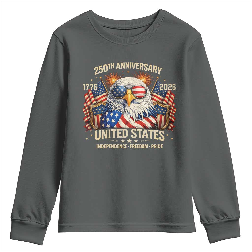 250 Anniversary USA 250th American 250 Years 4th July 2026 Youth Sweatshirt TS11 Dark Heather Print Your Wear