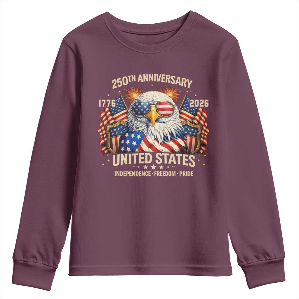 250 Anniversary USA 250th American 250 Years 4th July 2026 Youth Sweatshirt TS11 Maroon Print Your Wear