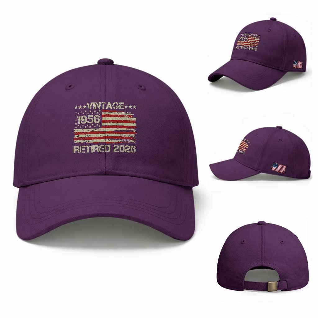 70th Birthday Retirement Baseball Cap Vintage 1956 Retired 2026 American Flag TS11 Baseball Cap Universal Fit Purple Print Your Wear