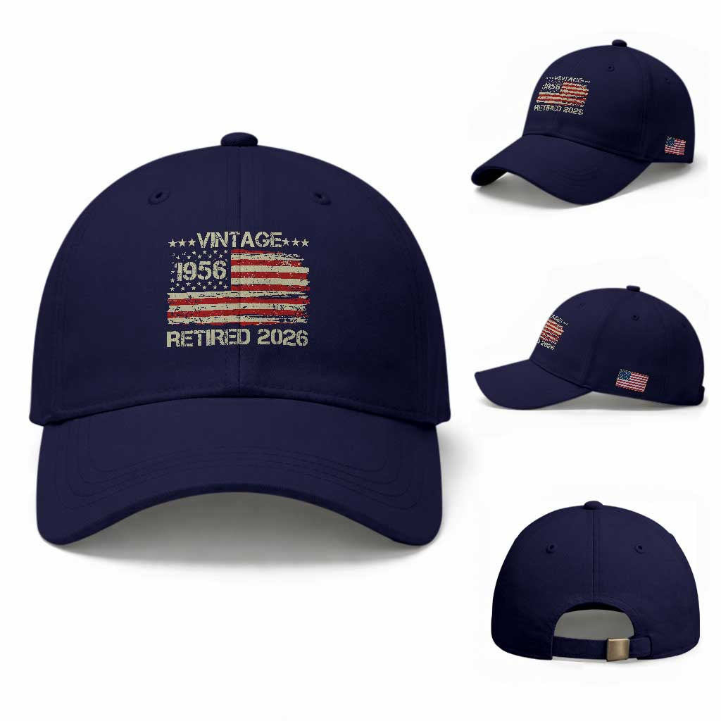 70th Birthday Retirement Baseball Cap Vintage 1956 Retired 2026 American Flag TS11 Baseball Cap Universal Fit Dark Blue Print Your Wear