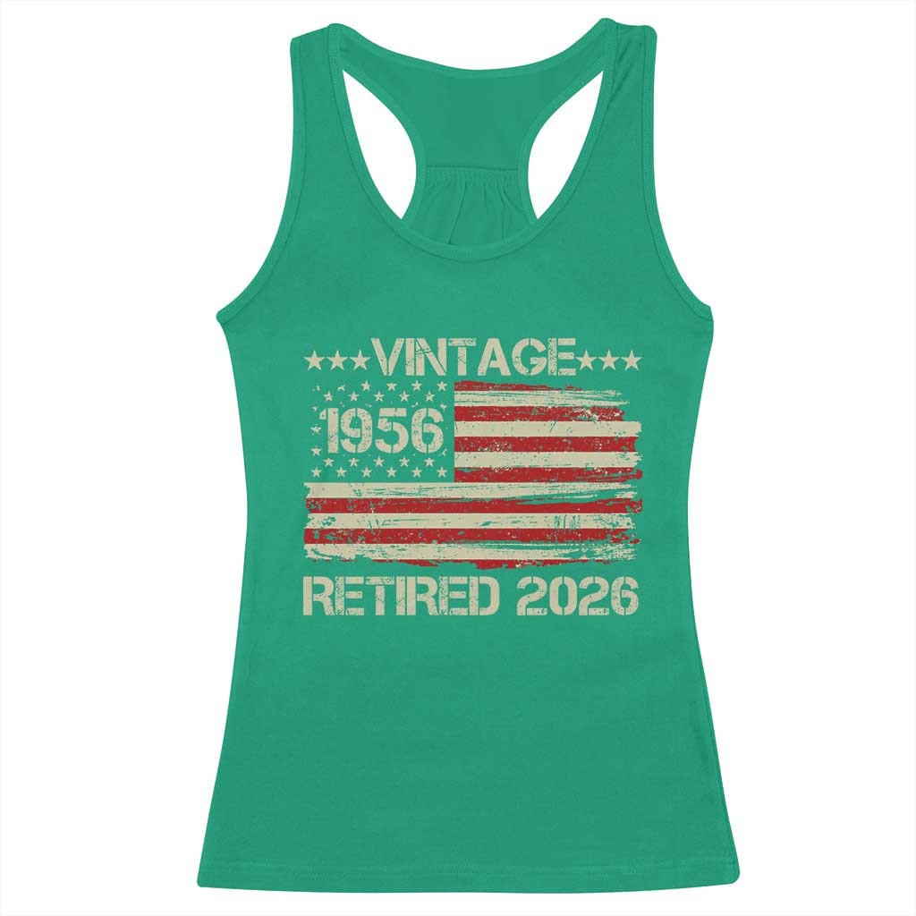 70th Birthday Retirement Racerback Tank Top Vintage 1956 Retired 2026 American Flag TS11 Irish Green Print Your Wear